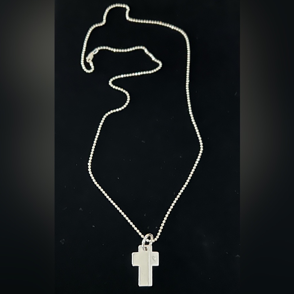 Cross Pendant W/Crystal Sterling Silver 30” Diamond Cut Ball Chain Necklace